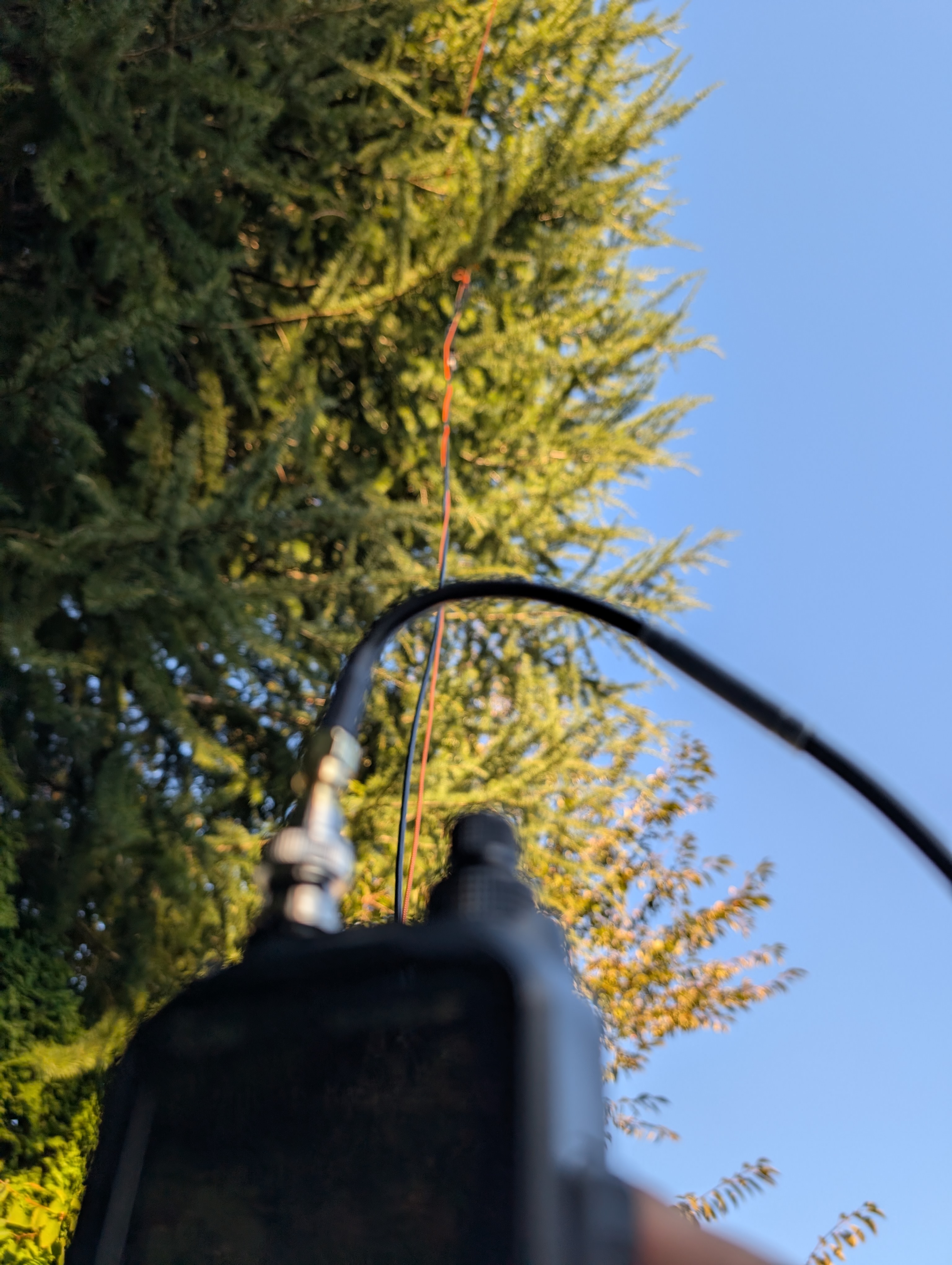 An Icom ID-52A in the foreground connected to our N9TAX antenna, hoisted up into a tree via an orange arborist line.
