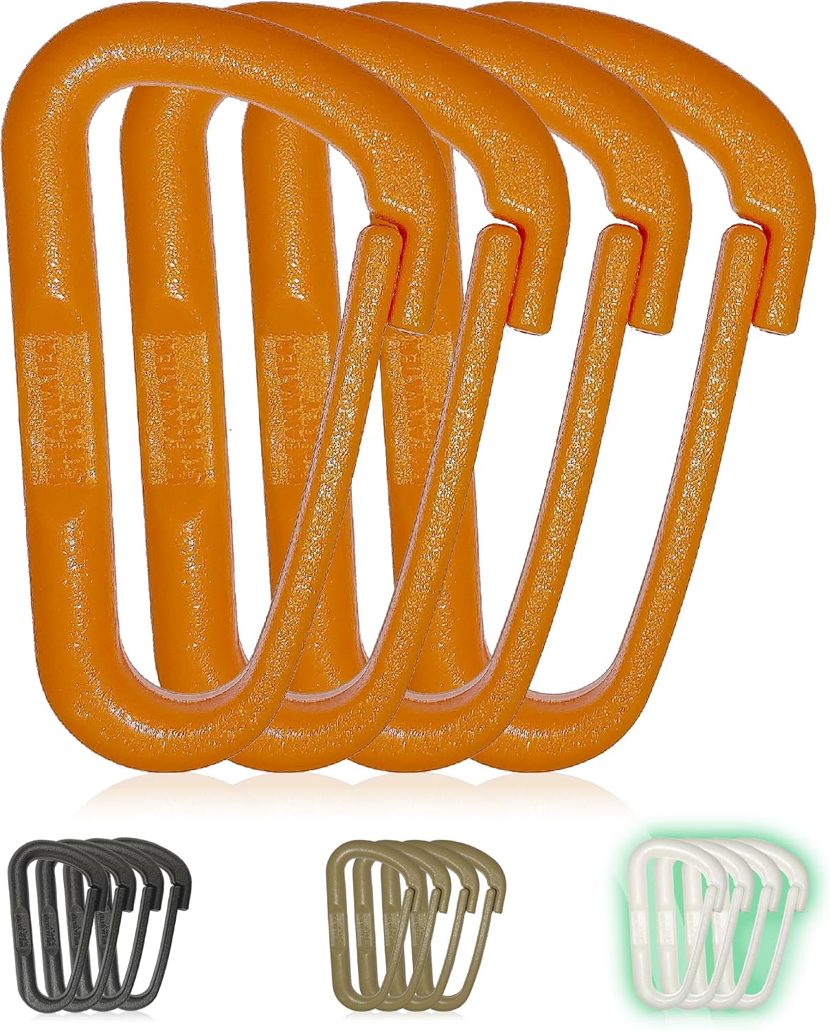 A picture of various plastic carabiners from Breakwater supply.