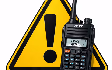 a caution sign with a UV-22 radio, showing a GMRS frequency on the radio.